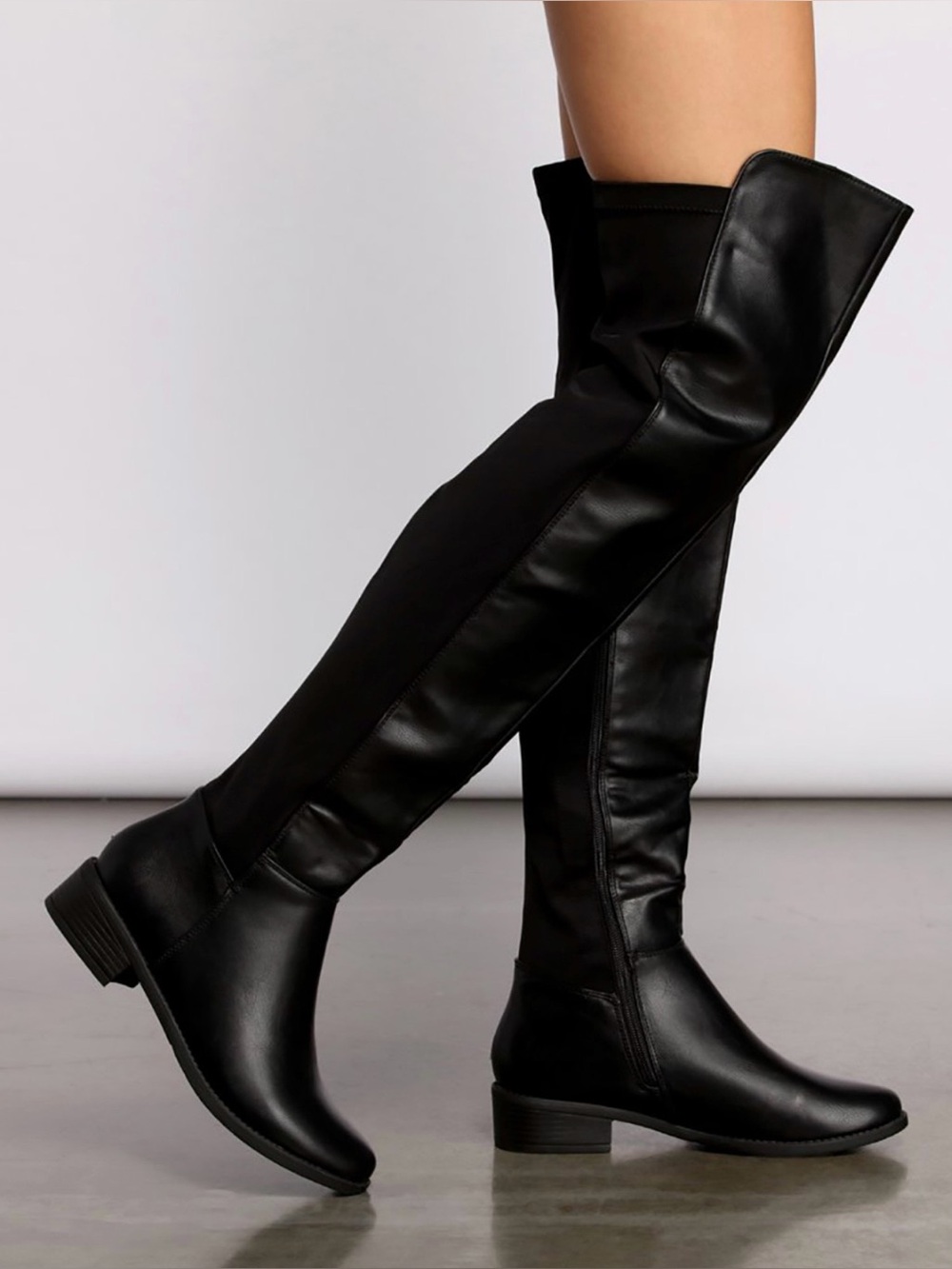Elegant black women's over-the-knee boots, flat-soled, size 8.